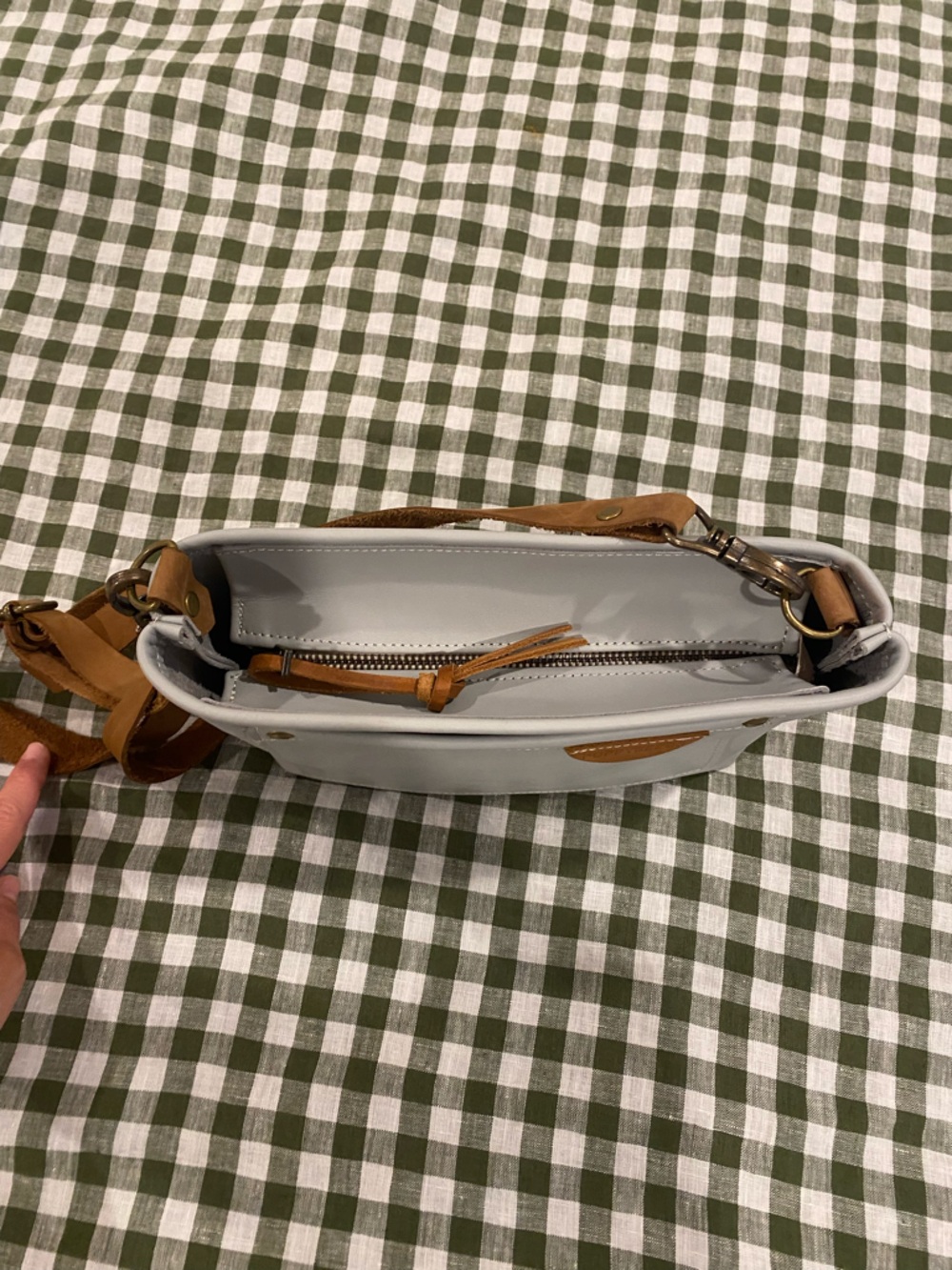 Leather Light Gray Crossbody Bag with Tan Leather Accents - Picture 3 of 8